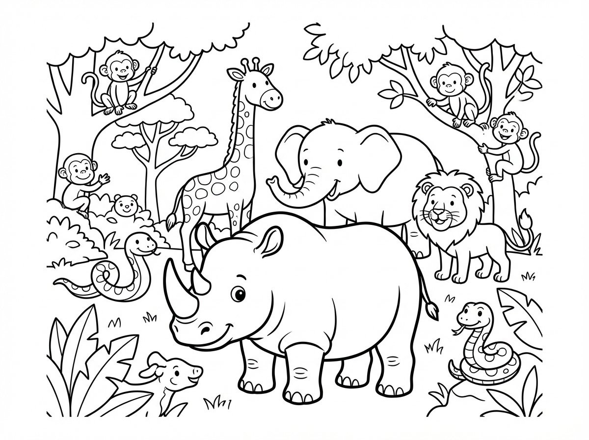 צור לי שתי דפי צביעה זהים לגמרי עם יער וג'ונגל, ג'ירפות, אריות, נחשים,קופים, פילים, ועוד חיות.
אבל בדף אחד שיהיה קרנף ובשני בלי קרנף