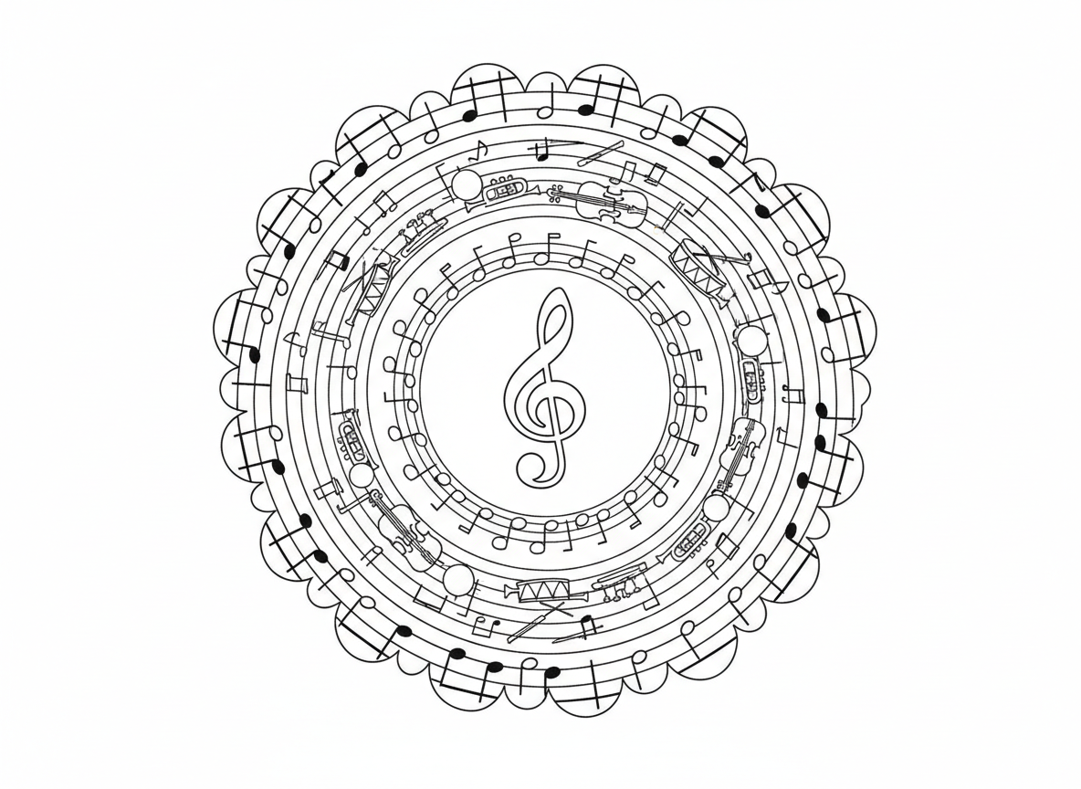 מנדלת תווי מוזיקה - מנדלה עשויה מאלמנטים מוזיקליים, מפתח סול במרכז, טבעות תווים מוזיקליים, שמיניות, רבעיות, חמשות מוזיקליות מתעקלות בעיגולים, כלי נגינה זעירים בין תווים, גבולות דוגמת קצב