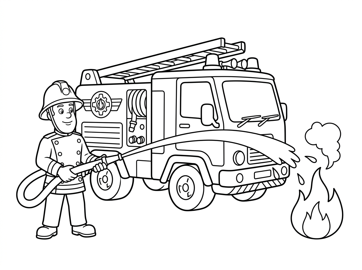 דף צביעה של כבאית עם סמי הכבאי שמכבה אש