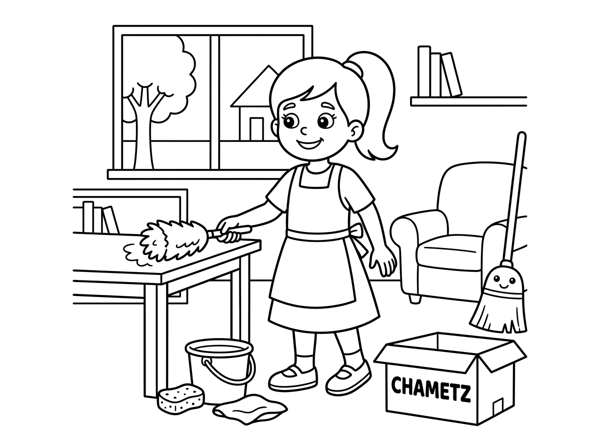 דף של ילדה מנקה את הבית לפסח