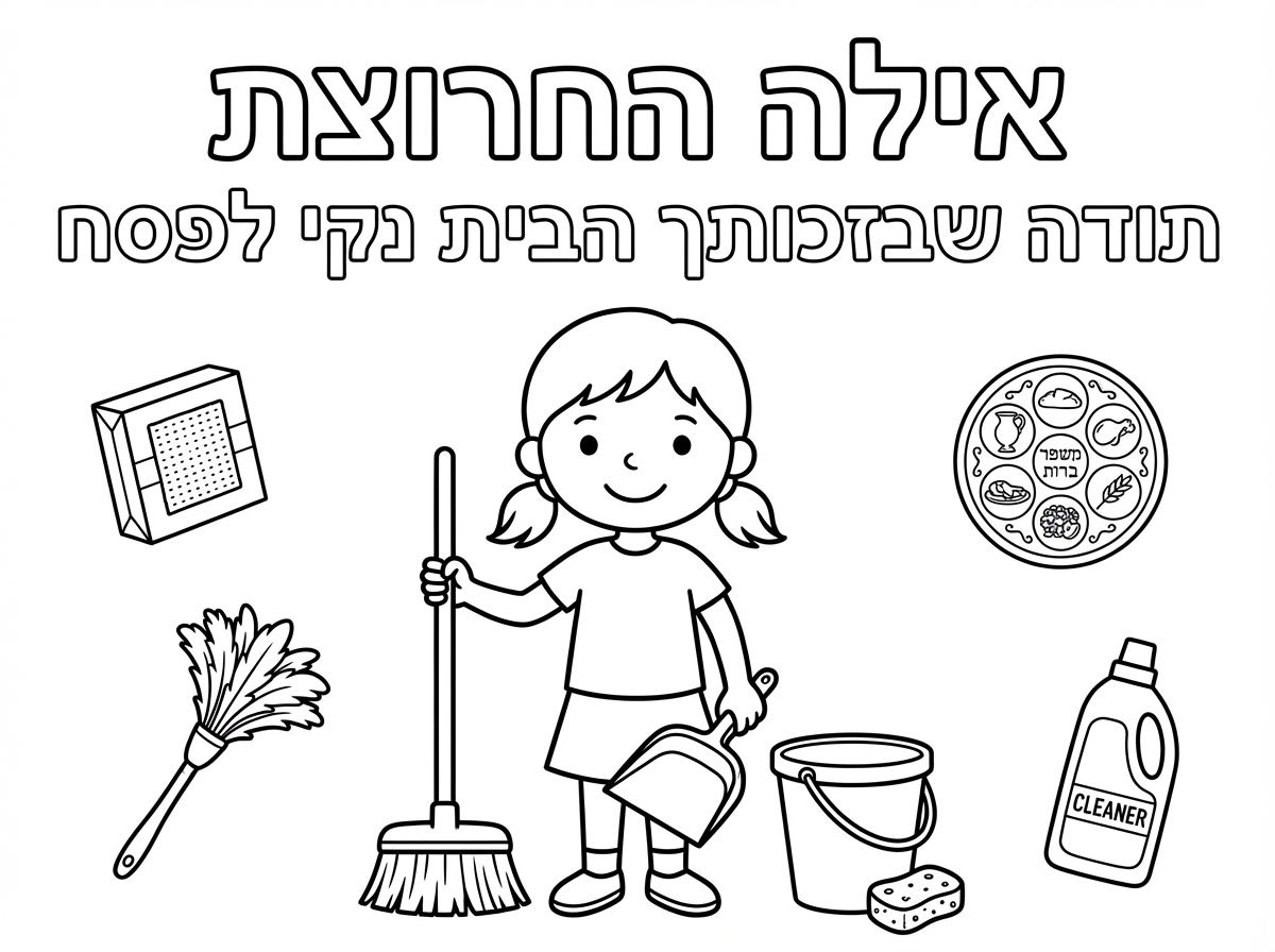 אשמח לדף צביעה שכתוב: אילה החרוצה תודה שבזכותך הבית נקי לפסח 🩷 .
באותיות גדולות לצביעה.

ובנוסף ציורים הקשורים לפסח ולנקיון וגם ילדה ילדה עם חומרי נקיון