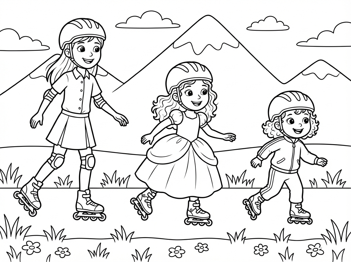 אני רוצה דף צביעה של 3 ילדות על רולרבלייס   אחת בת 7 שיער חלק רזה וגבוה לובשת חולצה מכופתרת חלקה וחצאית תלבושת  .  שניה עם תלתלים פזור ושימלה נסיכה בת 5 . והשלישית בת שלוש עם תלתלים וטרניג . סביב דשא פרחים ונוף הרים