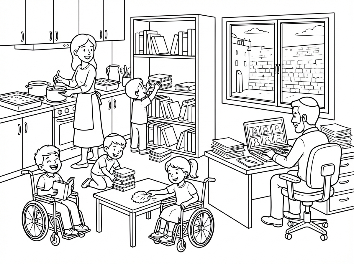 דף צביעה בית מלא בילדים בימי המלחמה שכולם בבית, ומשחקים ומנקים את הספרים לפסח, בניהם יש שני ילדים בן ובת  נכים על כסא גלגלים. האמא עסוקה במטבח בבישול בתבניות ענק.  האבא יושב בחדר צדדי על שולחן על כסא משרדי וערמת מסמכים ודפים על שולחנו, בזום וועדות עם 6 משתתפים בזום, מהחלון נצפה הכותל המערבי