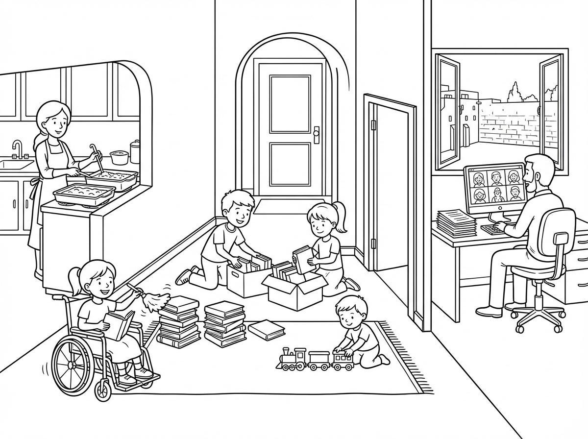דף צביעה בית מלא בילדים בימי המלחמה שכולם בבית, ומשחקים ומנקים את הספרים לפסח, 8 ילדים בגלאיים 16-4 בניהם ילדה על כסא גלגלים. האמא עסוקה במטבח בבישול בתבניות ענק.  האבא יושב *בחדר צדדי* על שולחן על כסא משרדי וערמת מסמכים ודפים על שולחנו, בזום וועדות עם 6 משתתפים בזום, מהחלון נצפה הכותל המערבי