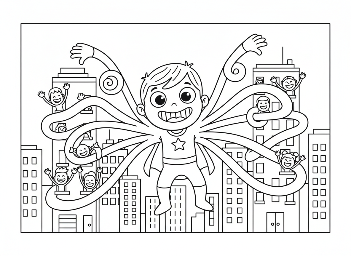 גיבור על עם ידיים נמתחות בין בניינים - ילד גיבור על עם ידיים גומי נמתחות בין בניינים כדי להציל אנשים, ידיים עוטפות קומות רבות, חיוך מגושם, גוף אלסטי נמתח בצורות מצחיקות, אנשים מנופפים תודה