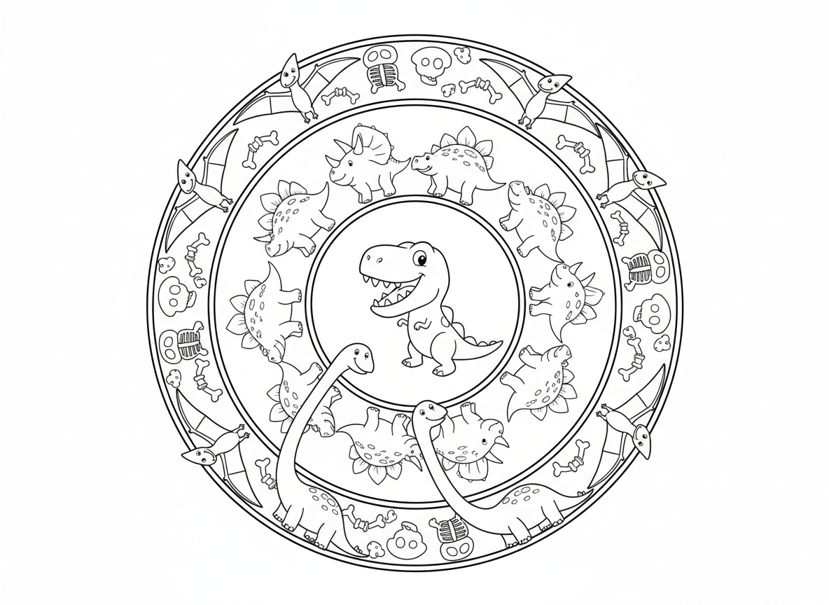 מנדלת דינוזאורים - מנדלה עם דינוזאורים חמודים מסודרים בעיגולים, טי-רקס במרכז, טבעת טריצרטופס, אז סטגוזאורוס, אז ברכיוזאורוס, אז טרודקטילים עפים בטבעת חיצונית, מאובנים ועצמות כקישוטים