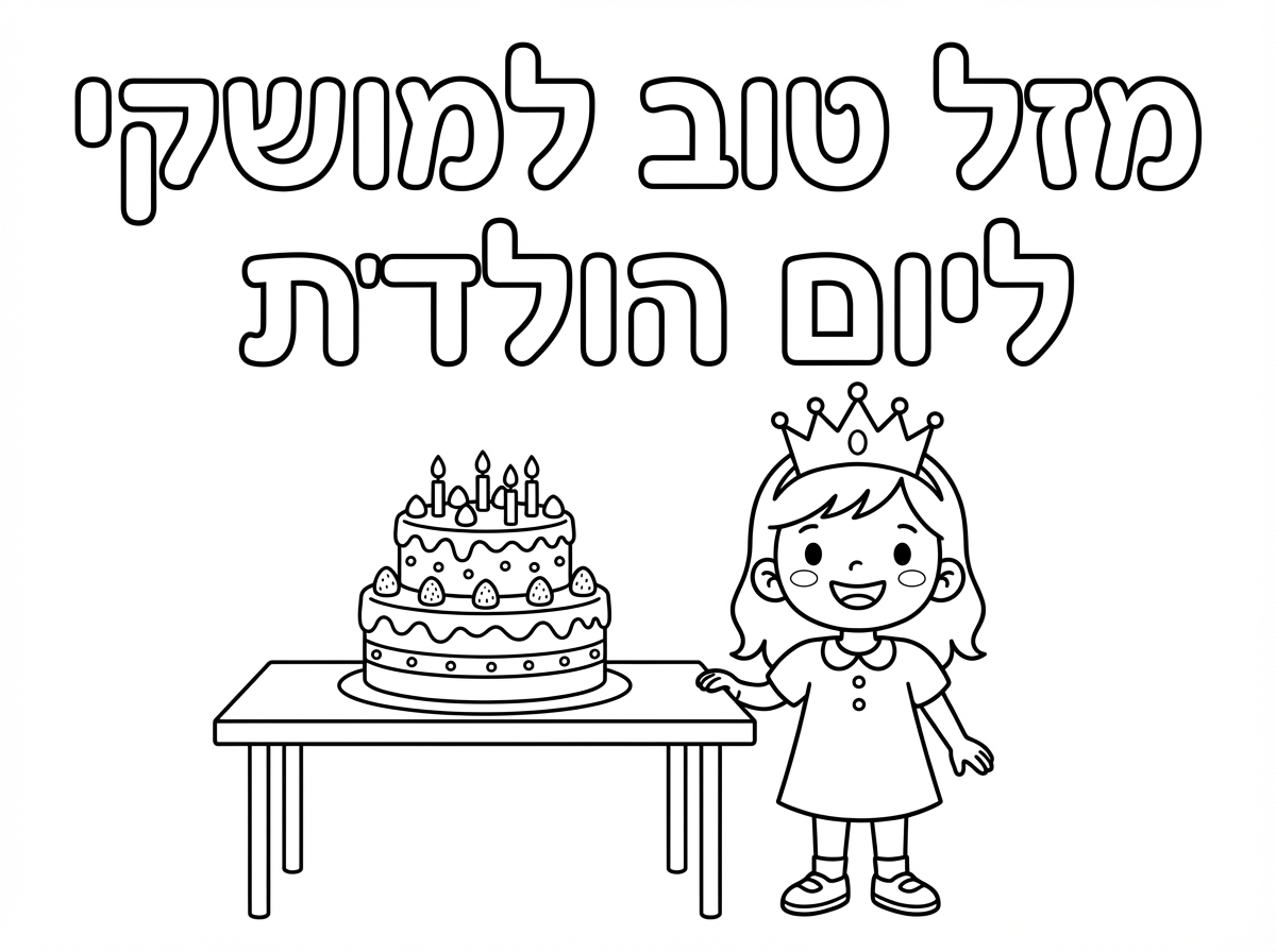 דף צביעה שחור לבן

ציור של ילדה עם כתר יום הולדת 
ועוגת יום הולדת

וכתוב
באותיות חלולות

מזל טוב
למושקי ליום הולדת
