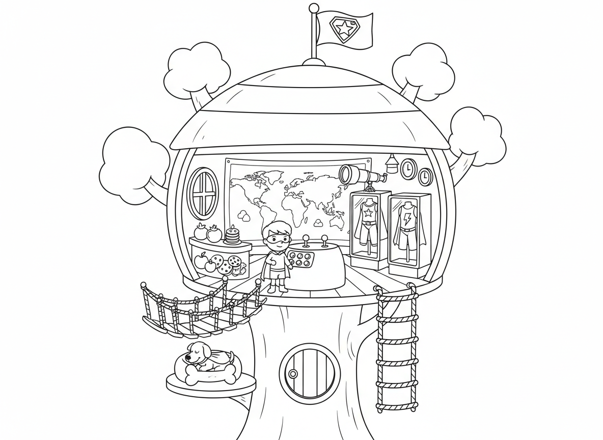 מטה גיבורי על בתוך בית עץ - מטה סודי של ילדים גיבורי על בתוך בית עץ ענק, לוחות בקרה, ארונות תצוגת תחפושות, כניסת סולם חבל, טלסקופ, קיר מפות, בר חטיפים, פינת חיות מחמד שותפות, דגל לוגו גיבורי על