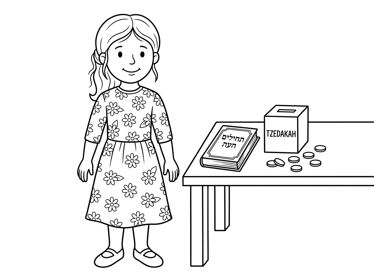 מושקי עם שמלה ארוכה פרחונית
מכסה מרפק וברך

על השולחן 
ספר ספר תהילים
קופת צדקה ושש מטבעות