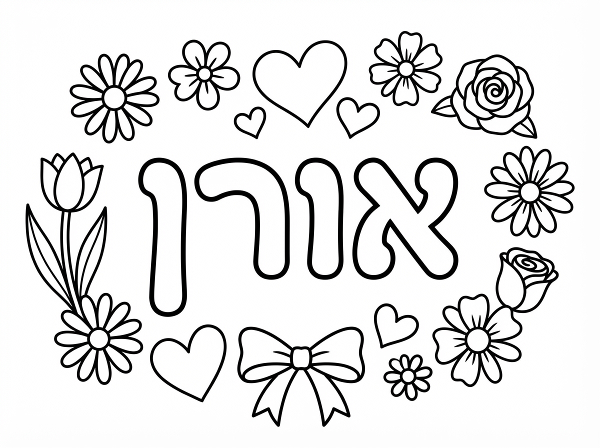 דף צביעה עם השם אורן
 פרחים לבבות ופפיון
