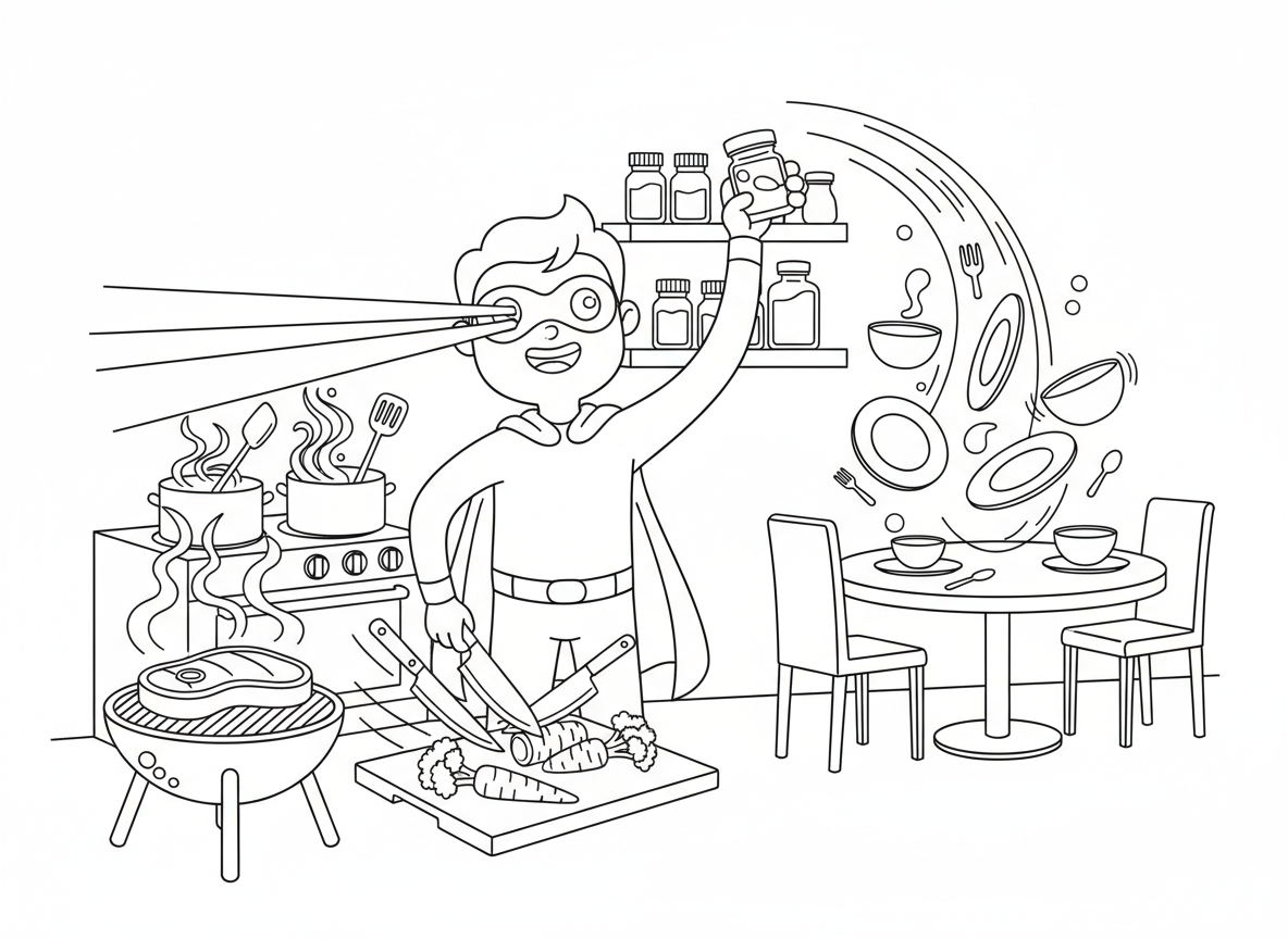 גיבור על מבשל ארוחת ערב עם כוחות - גיבור על משתמש בכוחות לבשל ארוחת ערב, ראיית חום צולה סטייק, סופר מהירות חותכת ירקות, טלקינזיס מערבב סירים, ידיים נמתחות מגיעות לתבלינים ממדף גבוה, צלחות עפות לשולחן