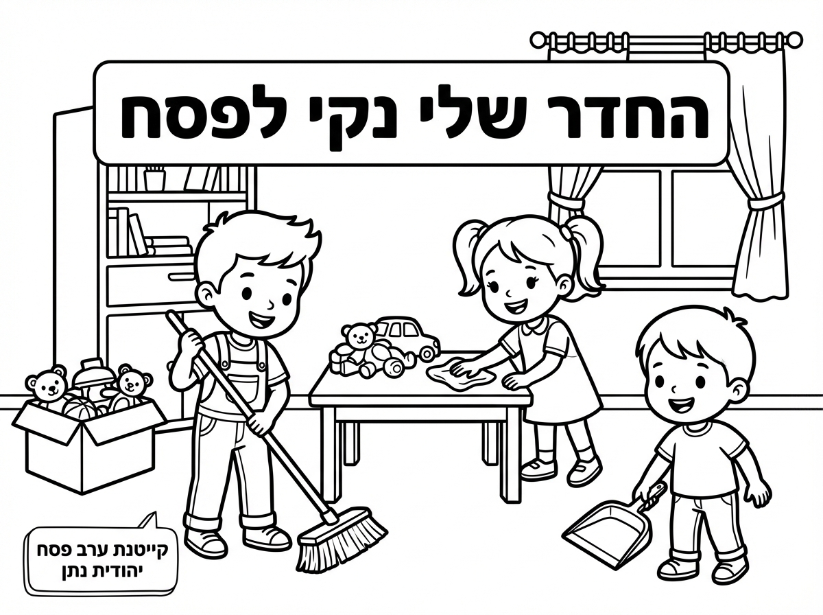 צור לי דף שיראו ילדים מנקים את החדר ויהיה כיתוב החדר שלי נקי לפסח 
בקטן להוסיף - קייטנת ערב פסח יהודית נתן