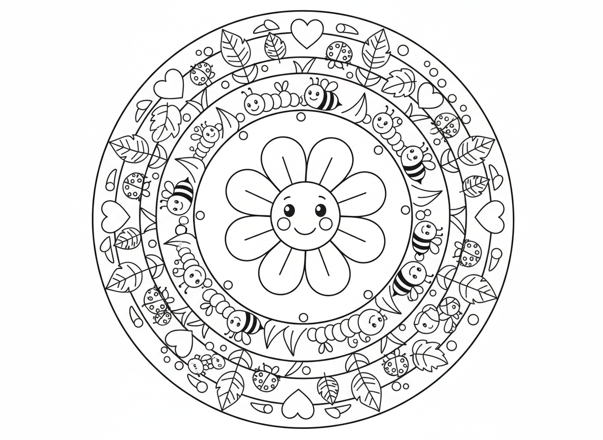 מנדלת גינה עם חיפושיות - מנדלה בנושא גינה, פרח במרכז, מוקף בטבעות חיפושיות, עלים, זחלים, דבורים, ופטריות, גבעולי דשא כקווי חלוקה, טיפות טל כנקודות נוי