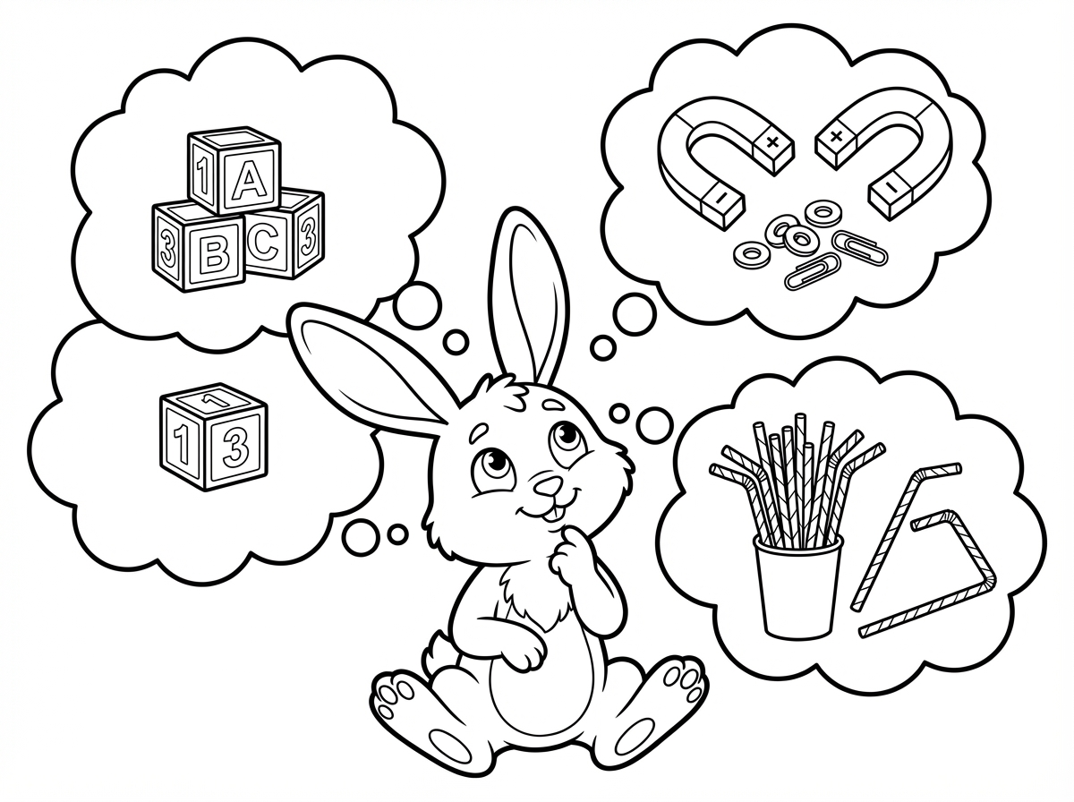 עוד דף עם ארנב ובו הוא נראה חושב במה לשחק, וכמה בועות ובהם רעיונות למשחקי ילדים(קוביות, מגנטים, קשים וכו)