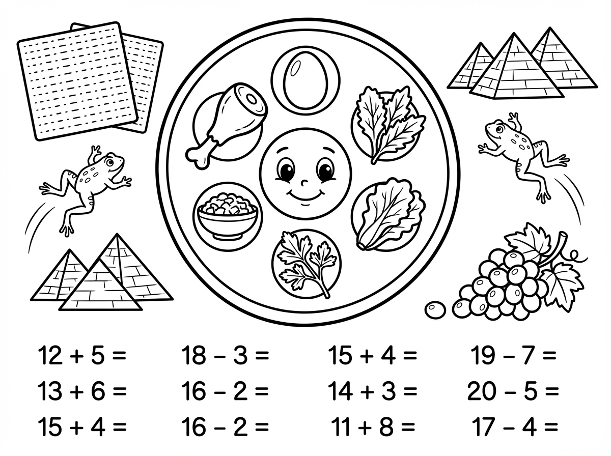 תכין לי דף עבודה בחשבון עשרת שניה חיבור וחיסור בנושא חג הפסח