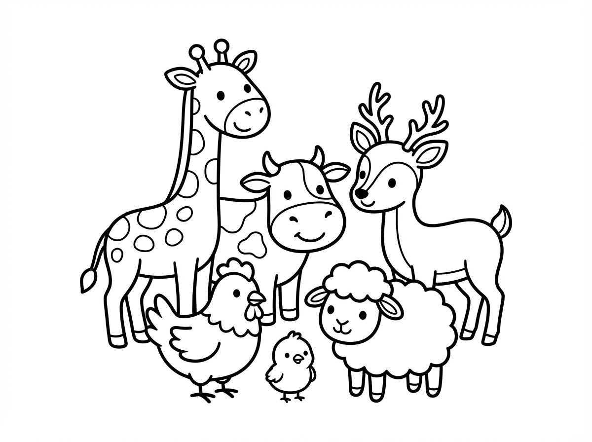אפשר דף עם החיות תרנגול, פרה, ג׳ירפה, אפרוח, צבי, כבשה