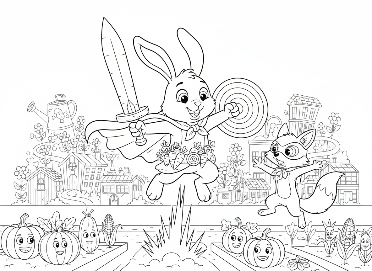 ארנב גיבור על עם כוחות גזר - ארנב גיבור על שמופעל על ידי גזרים, חרב גזר, מגן גזר, חגורת שירות מלאה גזרים, כוח קפיצת על, נלחם בשועל רשע, רקע עיר גינה, גלימת חסה