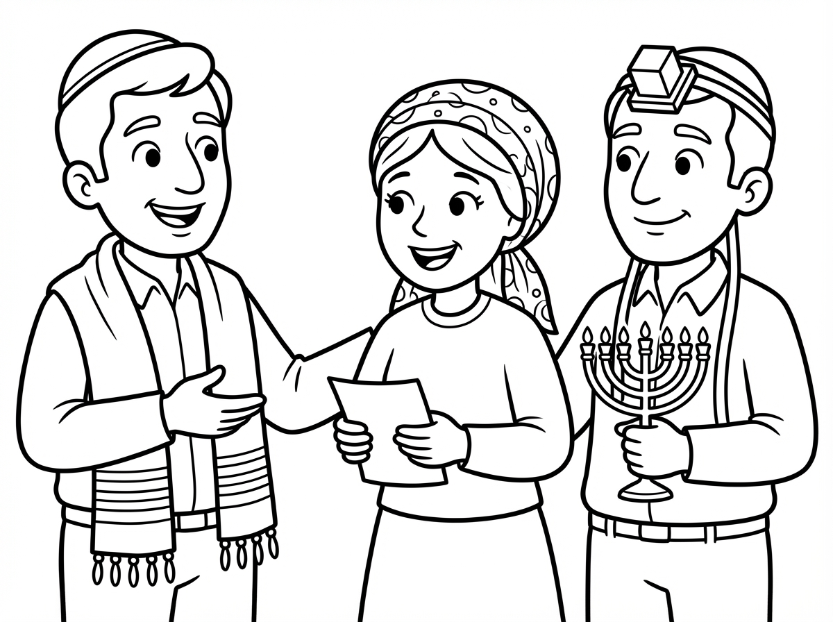 דף צביעה של כל מיני שחקנים יהודים לובשים סממנים יהודיים כמו כיפה, טלית או תפילין לגברים וכיסוי ראש לנשים