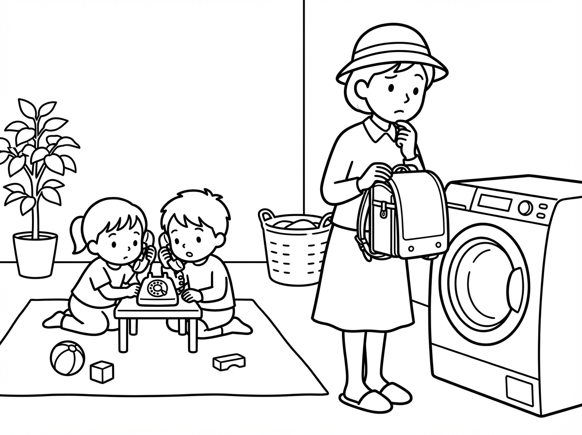 תעשה את האמא עם חצאית וכובע. והילדים מקשיבים לשיחה בפלאפון קטן