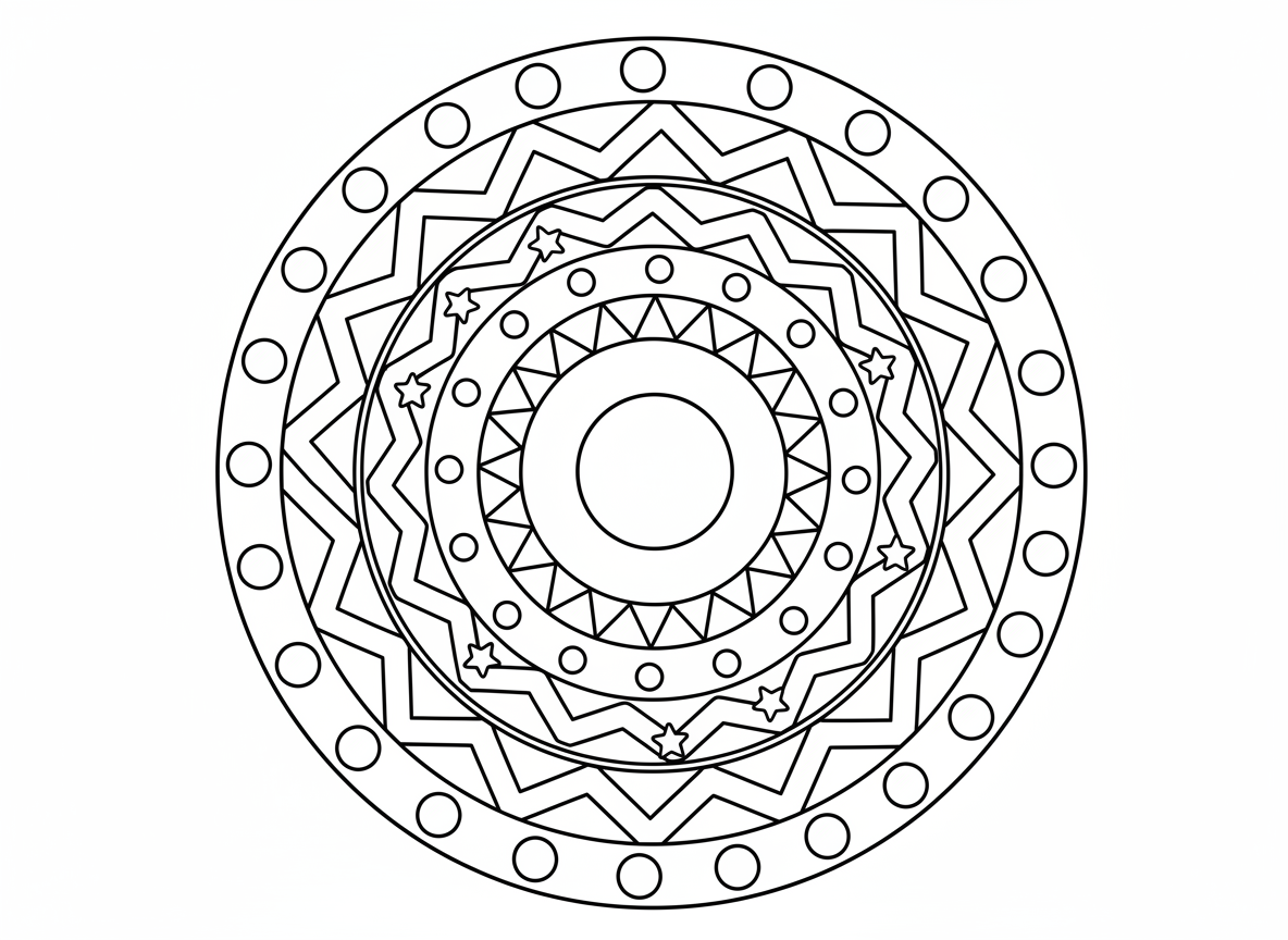 מנדלת עיגולי קשת - מנדלה פשוטה וצבעונית עם עיגולי קשת קונצנטריים, כל טבעת דוגמה שונה - נקודות, זיגזגים, גלים, משולשים, עיגולים, כוכבים, קלה לילדים קטנים לצבוע טבעת אחר טבעת