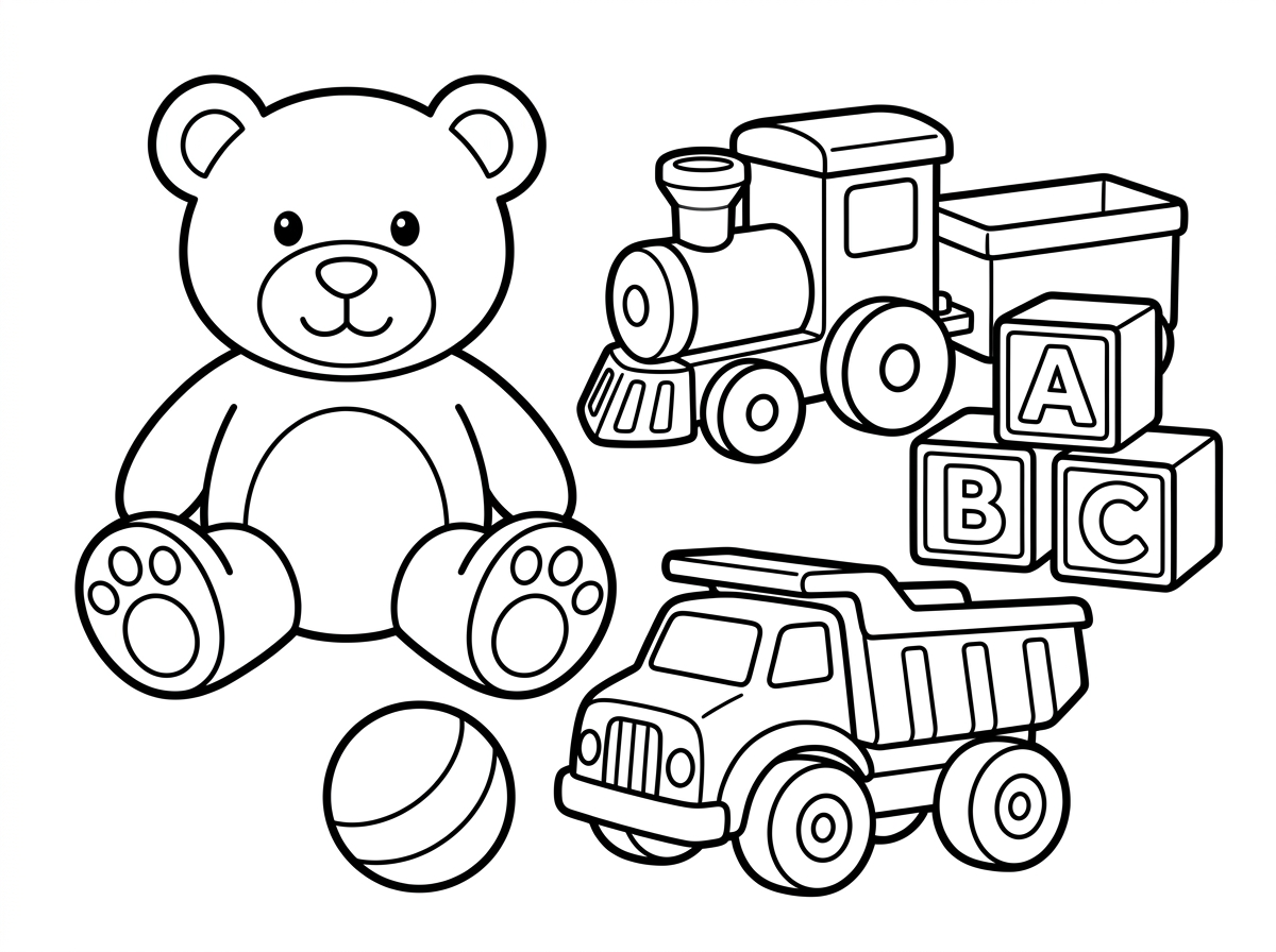 תוכל לעשות לי דף צביעה צעצועים לגיל שנתיים