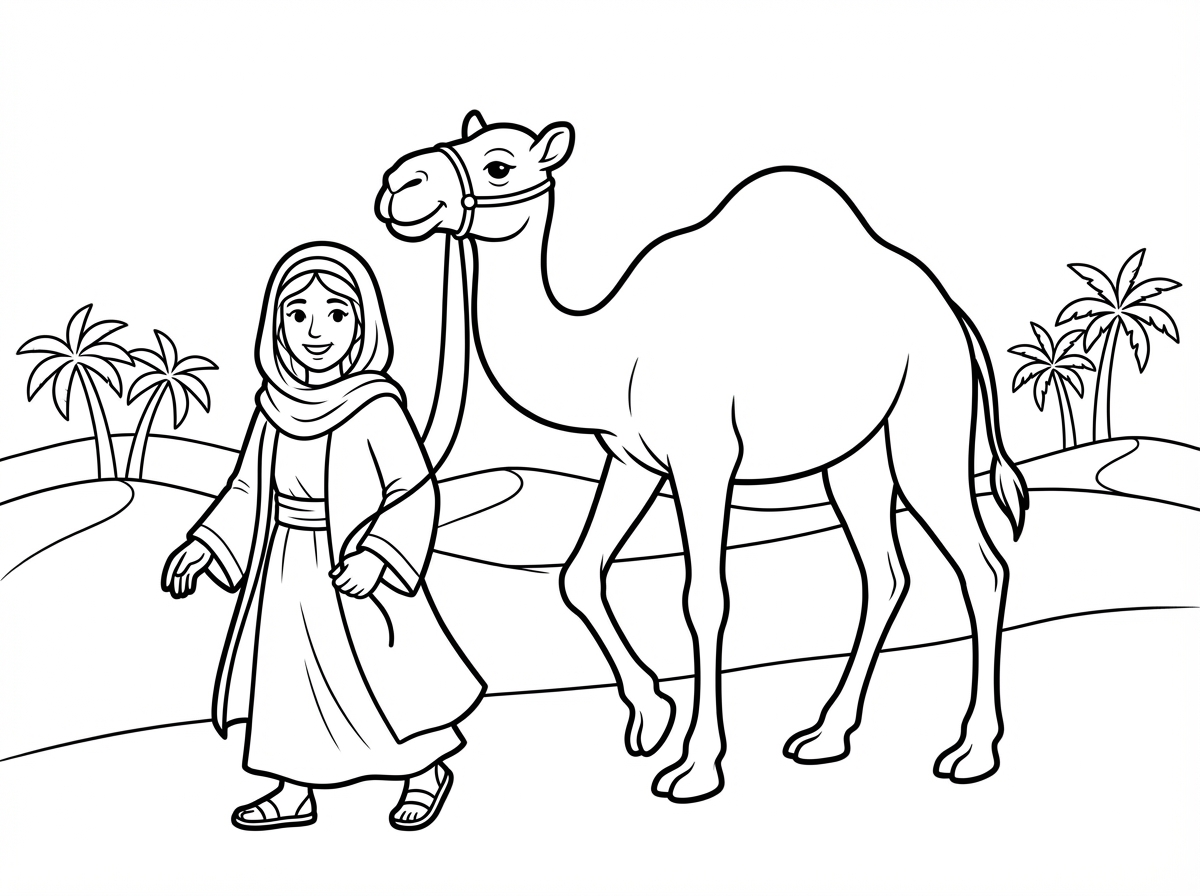 צור לי דף צביעה שמתאים לילדה ת 18 אבל לא מנדלה עם תמונה של גמל במדבר וששרה אימנו הולכת איתו