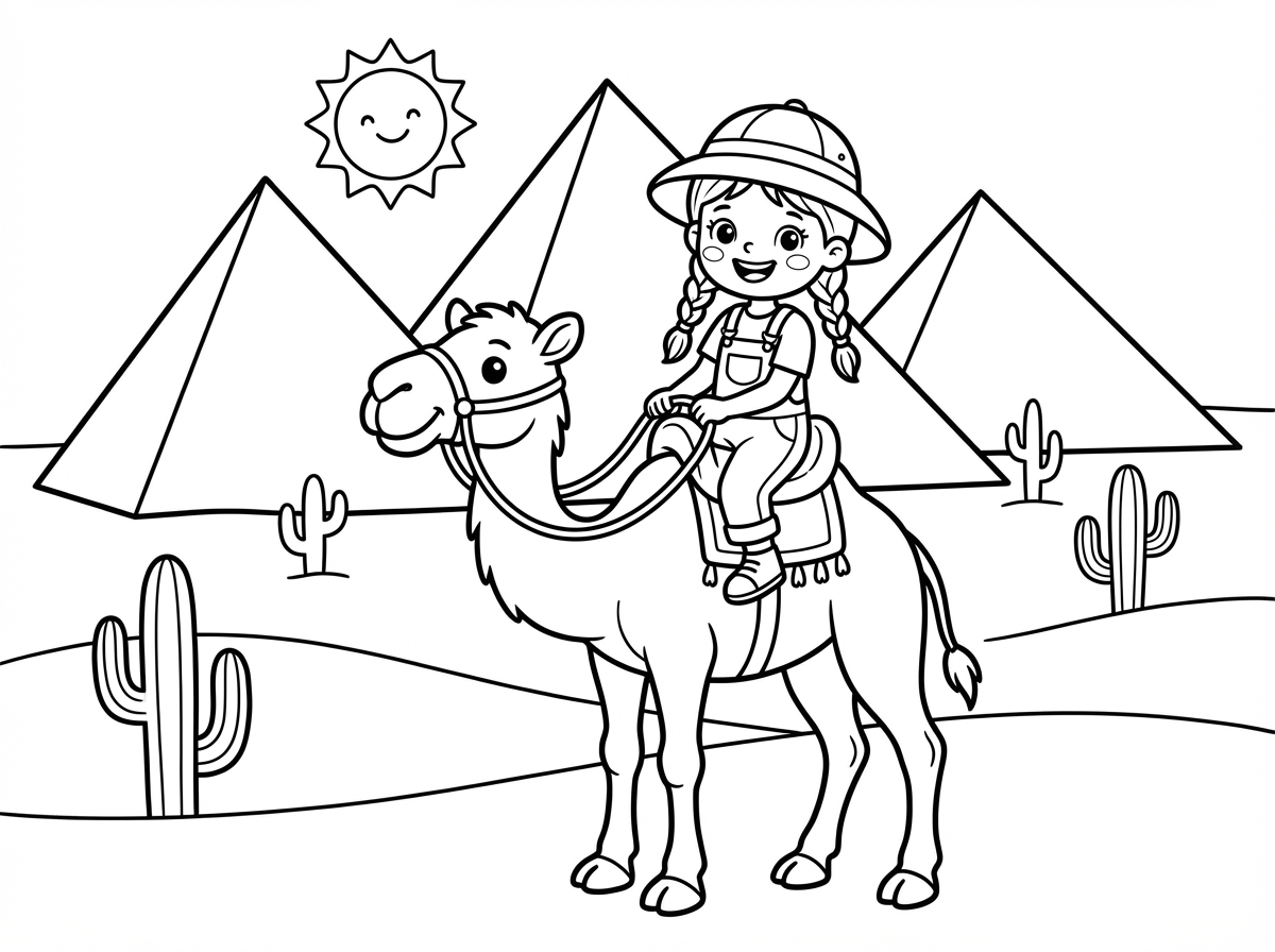 קח צילום של הבת שלי ותעשה אותה רוכבת על גמל במדבר כם פירמידות ברקע