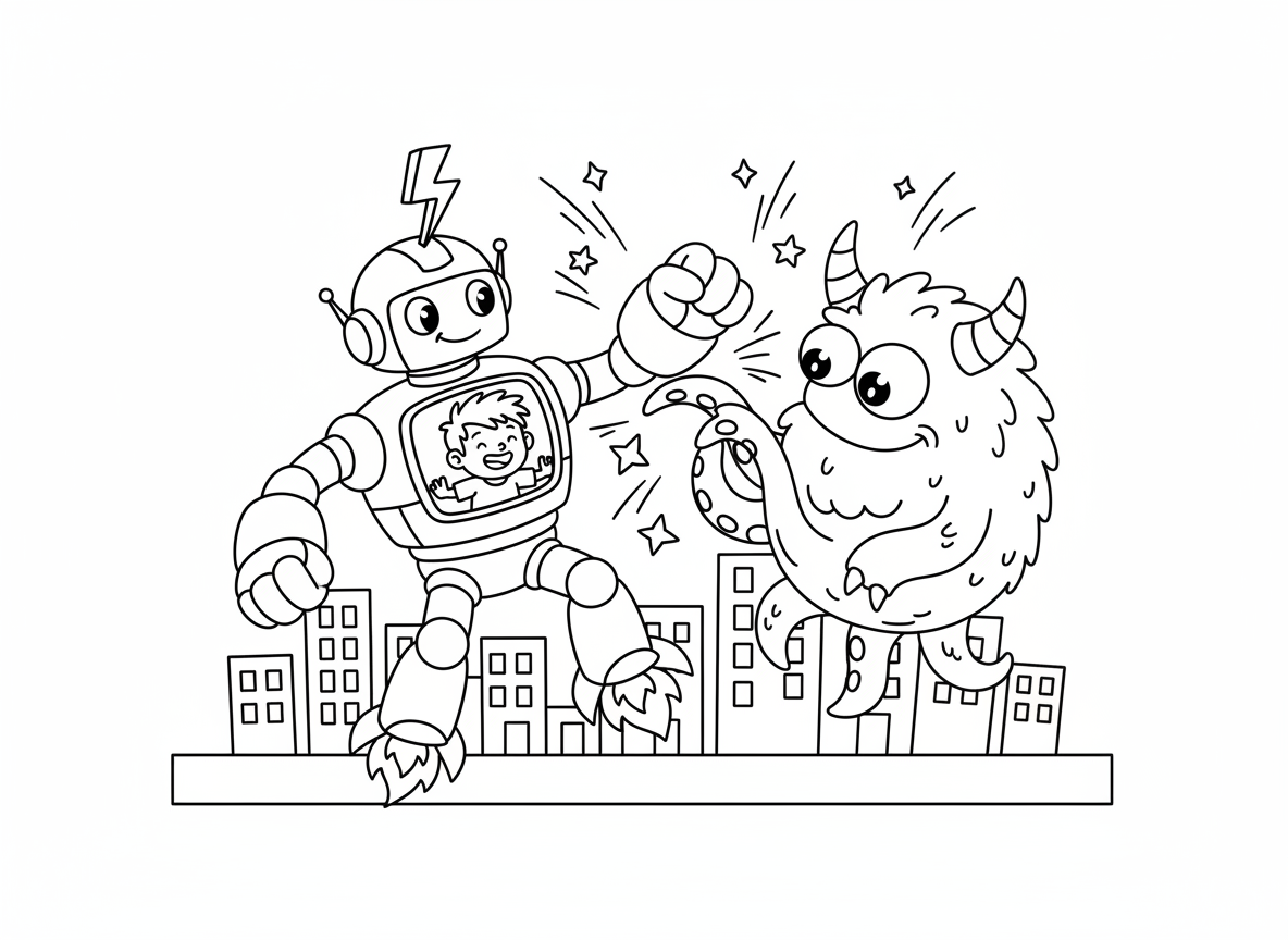 גיבור על עם חליפת רובוט ענקית - ילד קטן בתוך חליפת רובוט גיבור על ענקית, תא טייס נראה בחזה, ידיים מכניות עצומות, מגפי רקטה, אנטנה על הראש, נלחם במפלצת ענק, בניינים בקנה מידה, ניצוצות עפים