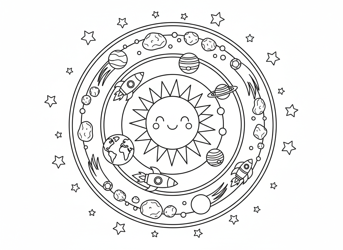 מנדלת חלל עם כוכבי לכת - מנדלה קוסמית עם שמש במרכז, כוכבי לכת בטבעות מסלול, שבתאי עם טבעות, צדק עם כתמים, כדור הארץ עם יבשות, רקטות בין כוכבי לכת, שביטים, טבעת חגורת אסטרואידים, כוכבים בכל מקום