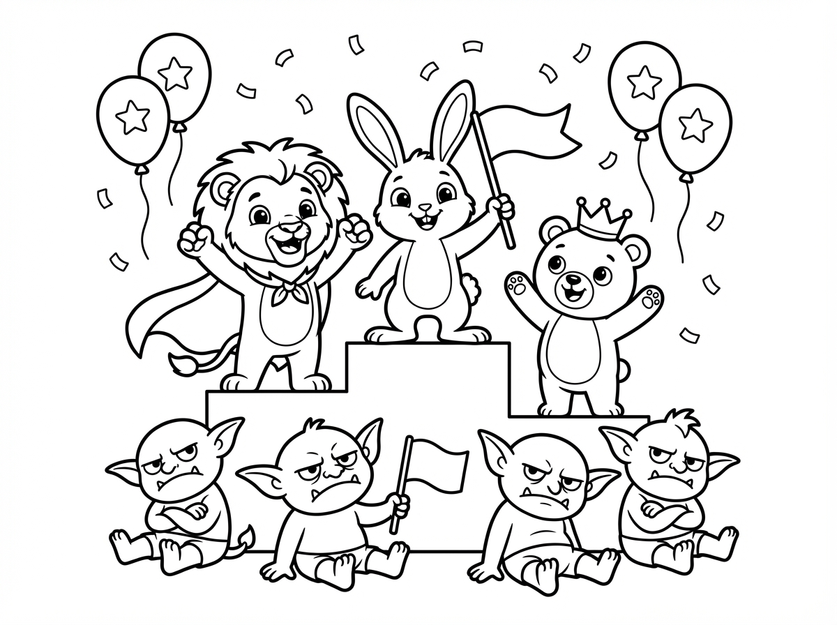 תעשה לי ציור של מלחמה רעים נגד טובים שהטובים מנצחים. שמתאים לילד.