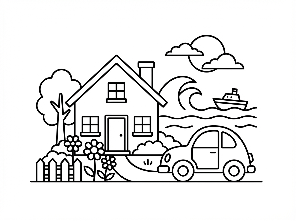 צור לי דף צביעה של בית, אוטו, ים, גינה