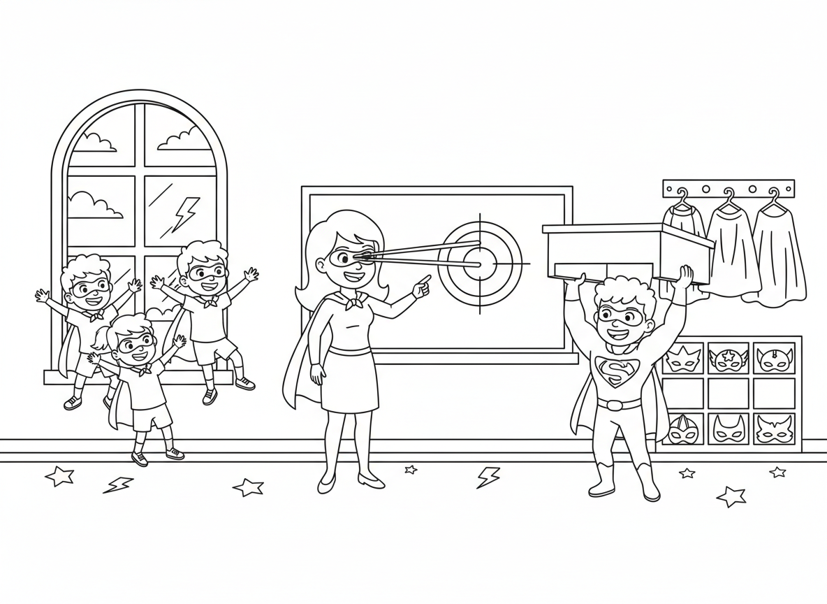 כיתה בבית ספר לגיבורי על - כיתה בבית ספר לגיבורי על, ילדים מתרגלים עפיפה מהחלון, אחד מרים שולחן בסופר כוח, מורה מדגים עיני לייזר על הלוח, מתלה גלימות, תאי אחסון מסכות