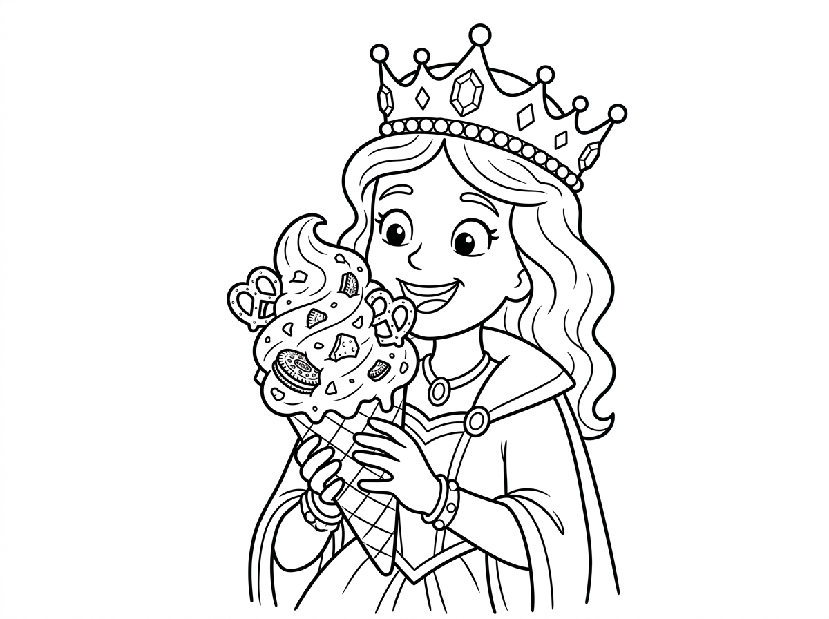 תכין לי בבקשה ציור של מלכה עם כתר אוכלת גלידה בגביע בטעם בייגלה ועוגיות אוראו