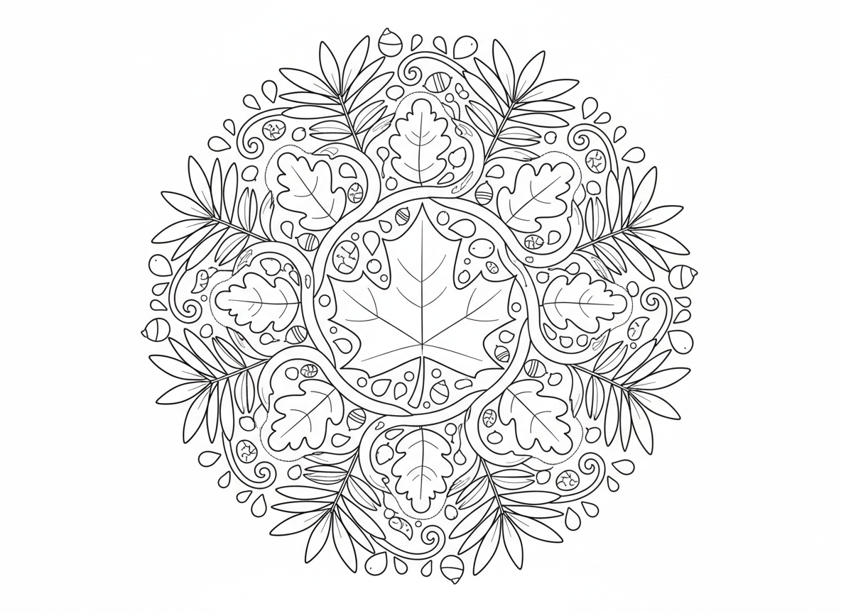 מנדלת עלים וגפנים - מנדלת טבע עשויה מצורות עלים שונות, עלה מייפל במרכז, מוקף בעלי אלון, עלי שרכים, עלי דקל, גפנים מחברות כל השכבות, בלוטים וזרעים כאלמנטי נוי, עיצוב אורגני זורם