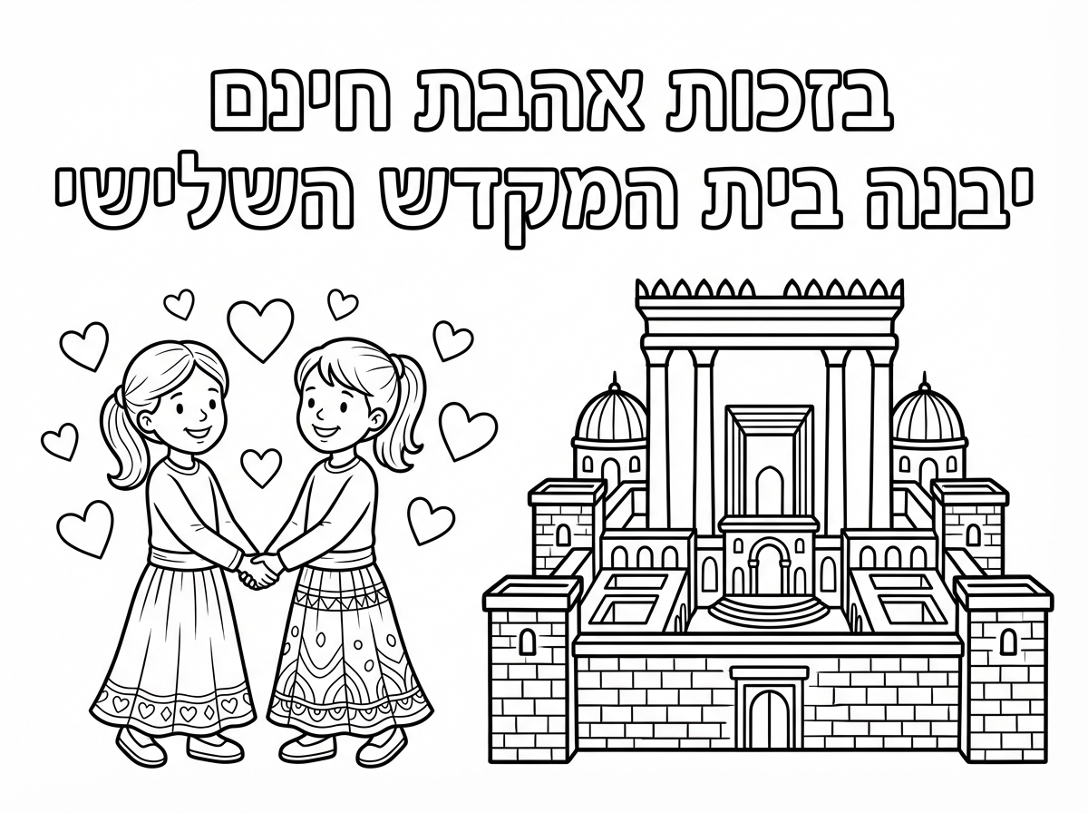 כתוב למעלה 
בזכות אהבת חינם יבנה בית המקדש השלישי

בצד ימין תמונה של בית המקדש

בצד שמאל
שתי ילדות 
עם חצאיות ארוכות
וחצאיות ארוכות
שיער אסוף
נותנות ידיים עם לבבות