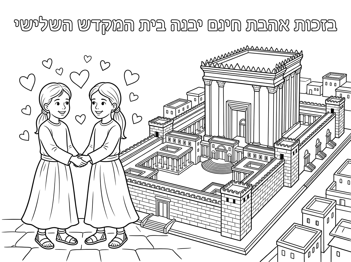 כתוב למעלה 
בזכות אהבת חינם יבנה בית המקדש השלישי

בצד ימין תמונה של בית המקדש

בצד שמאל
שתי ילדות 
עם חצאיות ארוכות
וחצאיות ארוכות
שיער אסוף
נותנות ידיים עם לבבות