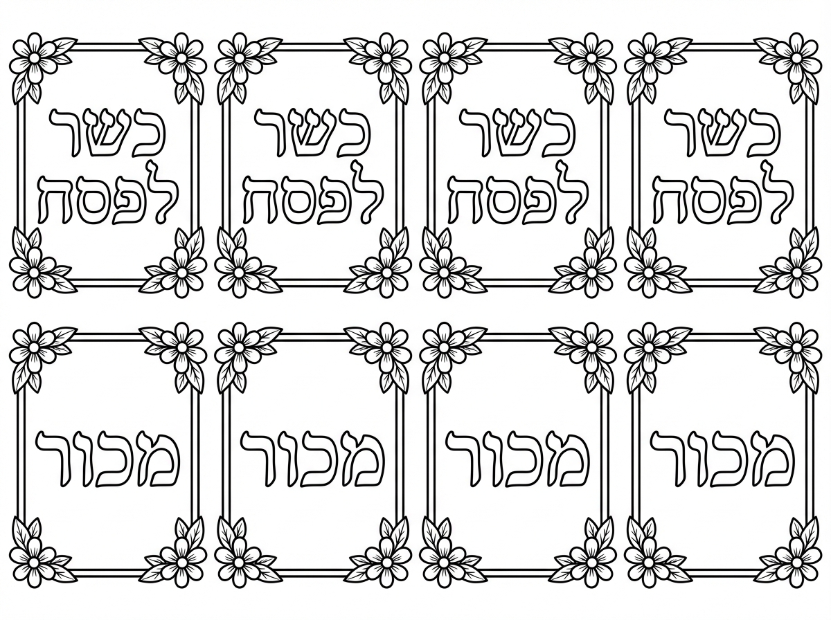 אשמח בבקשה לדף אשר יש עליו 8 ריבועים זהים עם מסגרת על ארבע כתוב כשר לפסח ועל 4 מכור , שהכתב יהיה ניתן למילוי ויהיה יפה וחגיגי שבמסגרת של כל ריבוע תהיה ניתנת למילוי ובפינות של כל מסגרת יהיו פרחים שהכל יהיה בניראות חגיגית ומיוחדת