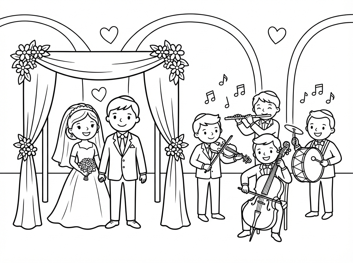 אני רוצה תמונה יפה של חתן וכלה שעומדים תחת החופה ותזמורת בצד