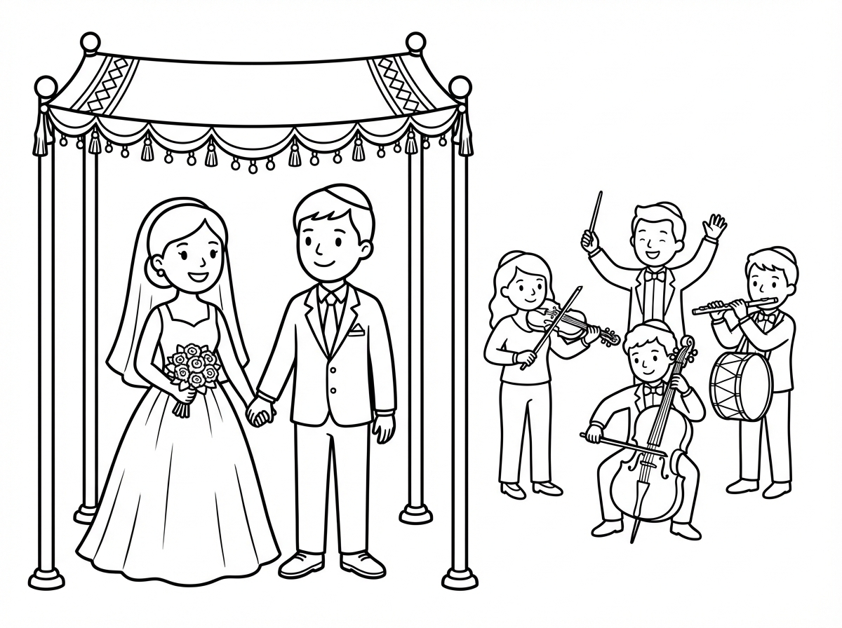 אני רוצה תמונה יפה של חתן וכלה עומדים תחת החופה ותזמורת בצד