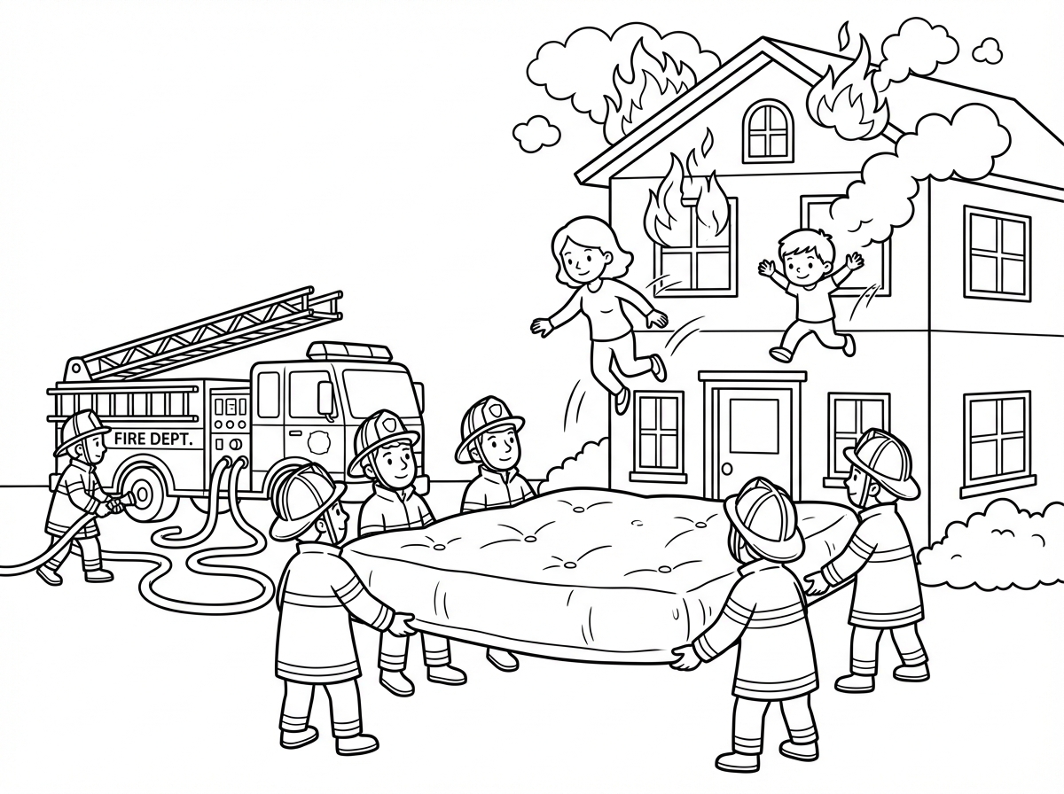 אני רוצה גם תמונה של כבאים מכבים אש שפרצה מבית ושהאנשים קופצים מהחלון למעלה כדי להנצל והם בלחץ