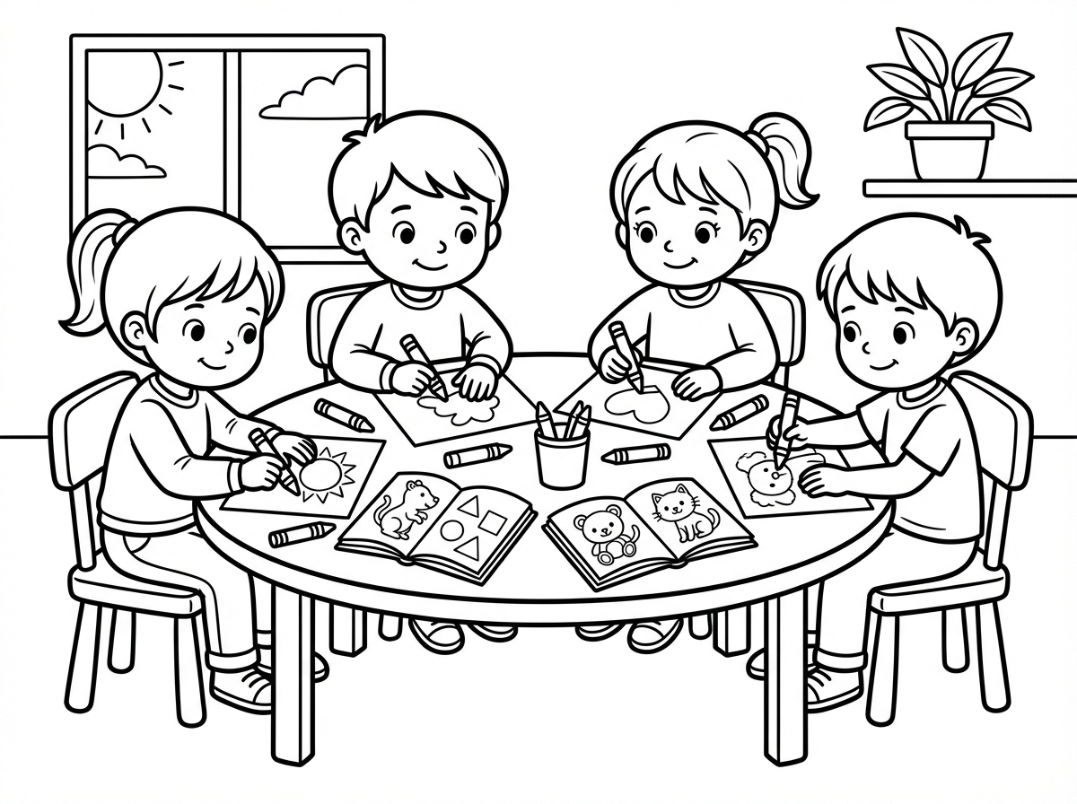 ילדים יושבים ליד השולחן וצובעים