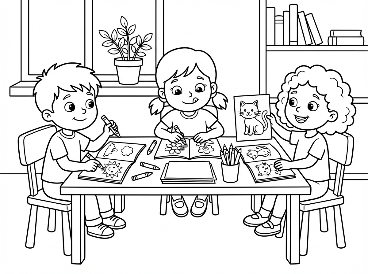 דף צביעה של ילדים יושבים ליד שולחן וצובעים