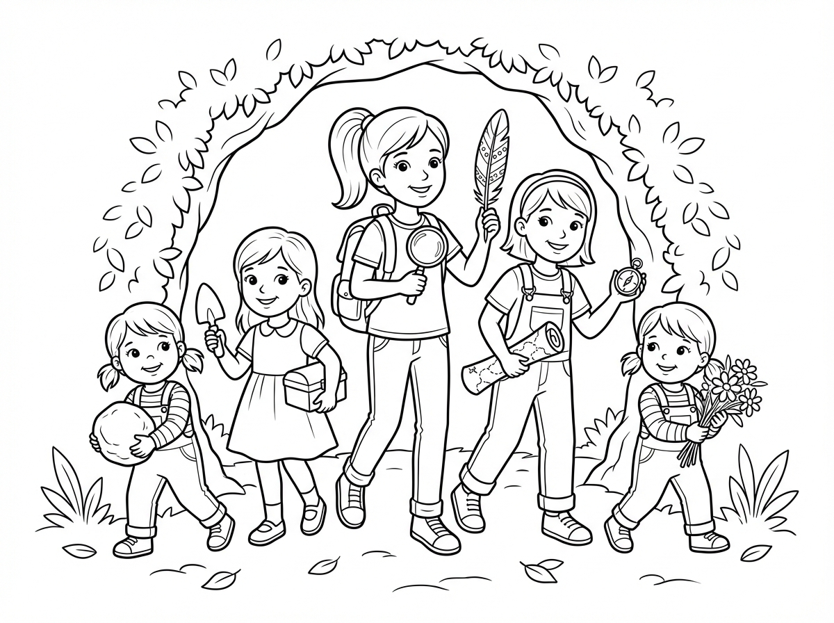 אפשר ליצור לי דף צביעה של 5 בנות בגילאי 3 (תאומות), 6, 9, 12 יוצאות ממצאים