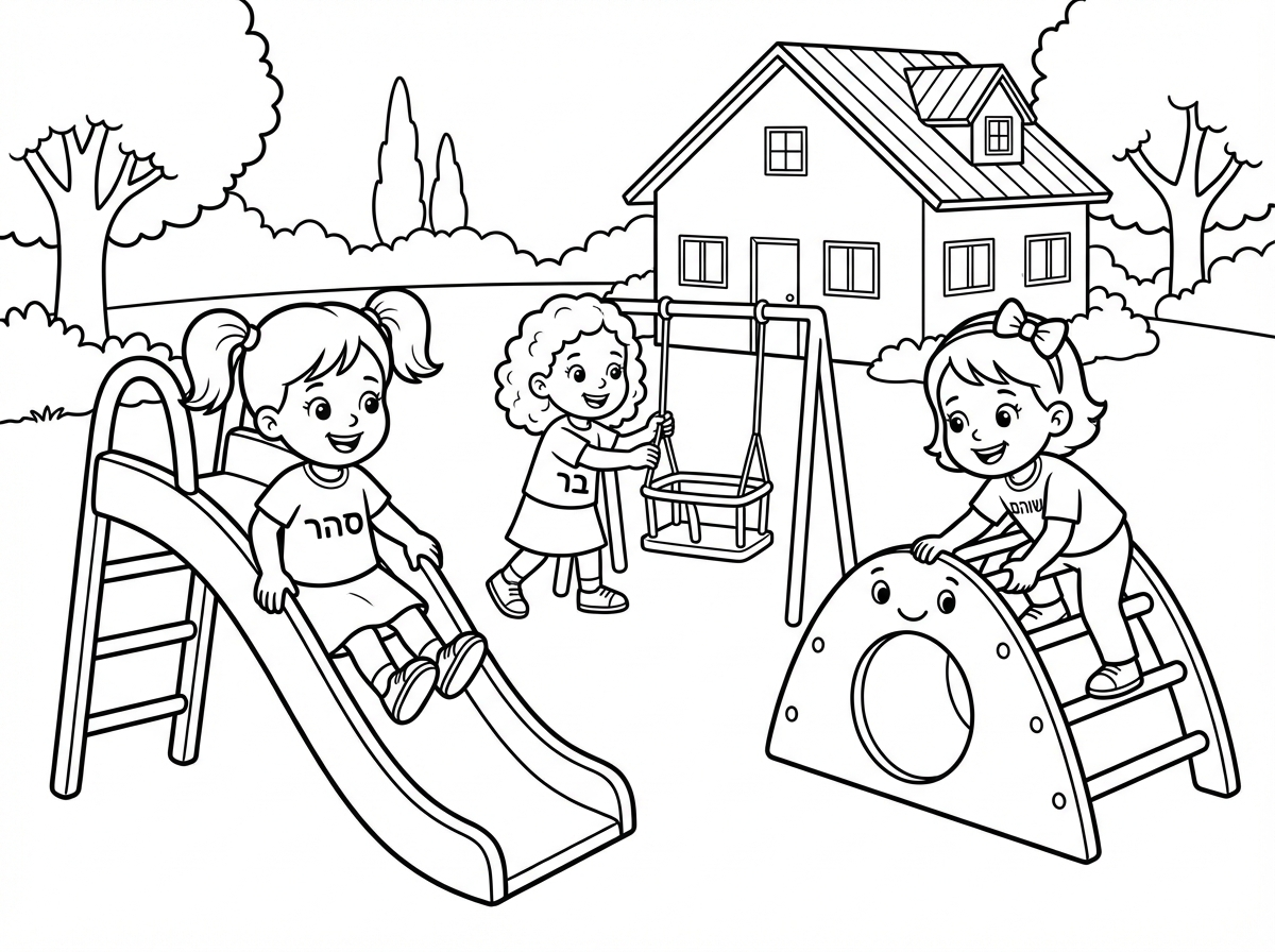 אבקש דף צביעה של שלוש ילדות, בגילאי גן, משחקים בגן משחקים ליד הבית ביישוב קדומים. על החולצה מופיעים השמות שלהם: סהר, בר, שוהם.