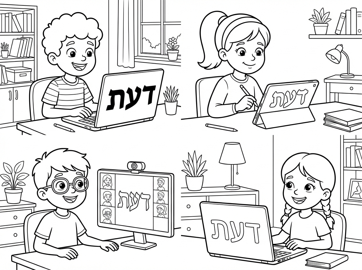 צור לי דף צביעה של תלמידים בגילאי 08-11 שלומדים בעזרת המחשב בזום. הילדים מחוננים. כל אחד נמצא בבית, בחדר שלו.  הם יסתכלו בשמחה על צג המחשב, שבו יהיה רשום בכל מיני צורות המילה: דעת. קווי הפנים יראו געגוע ושמחה.