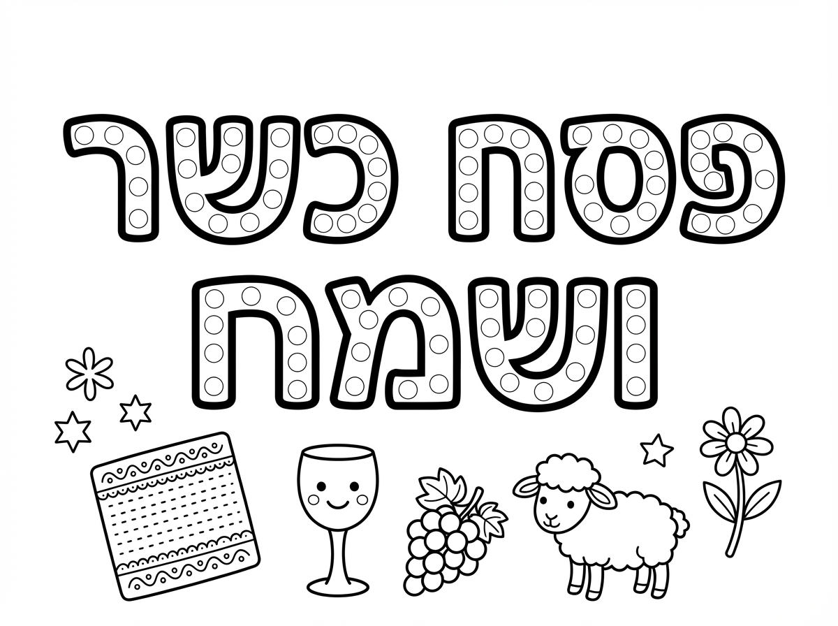 צור לי דף צביעה שיהיה כתוב 'פסח כשר ושמח' באותיות עבות ובתוך כל אות עיגולים קטנים להדבקת מדבקות