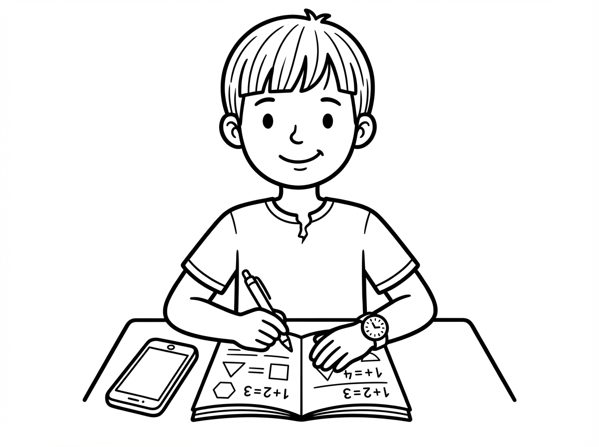 ותסביר גם כשהוא לומד מתמטיקה, זאת אומרת, יש לו עט, טלפון ומחברת חשבון לידו.