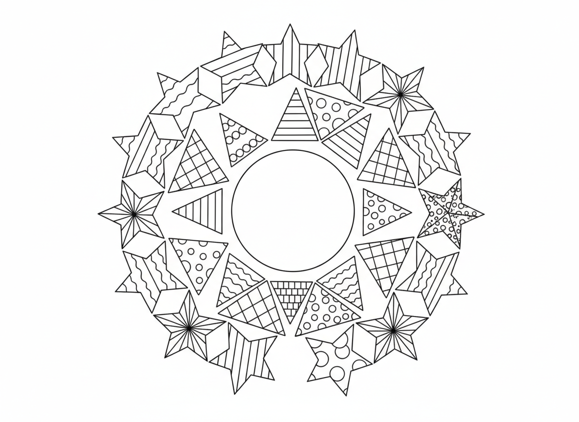 מנדלת צורות גאומטריות לילדים - מנדלה גאומטרית פשוטה עם עיגול במרכז, מוקף במשולשים, אז ריבועים, אז מחומשים, אז משושים, אז כוכבים, כל טבעת צורה עם דוגמת מילוי שונה, קלה וחינוכית