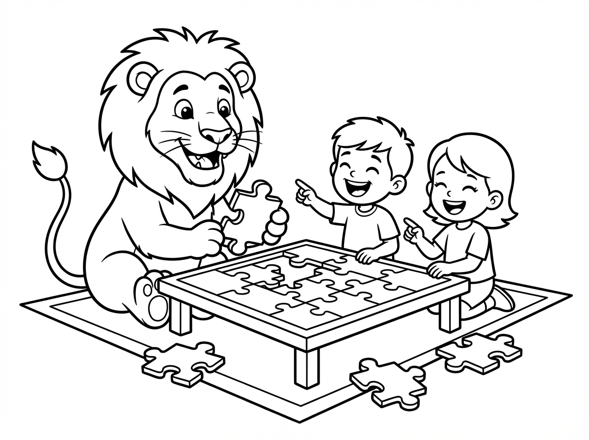 עכשיו תמונה של אריה משחק עם הילדים שלי ועושה איתן פאזל