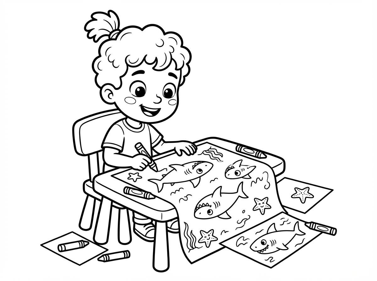 ילד בן 5 עם קוקו קטן (שיער מתולתל עדין ) מצייר כרישים